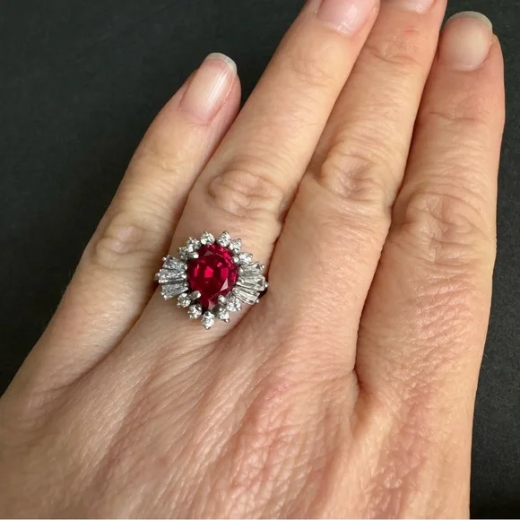 Vintage Faux Ruby Cocktail Ring Sterling Silver Cubic Zirconia Halo Cluster 8